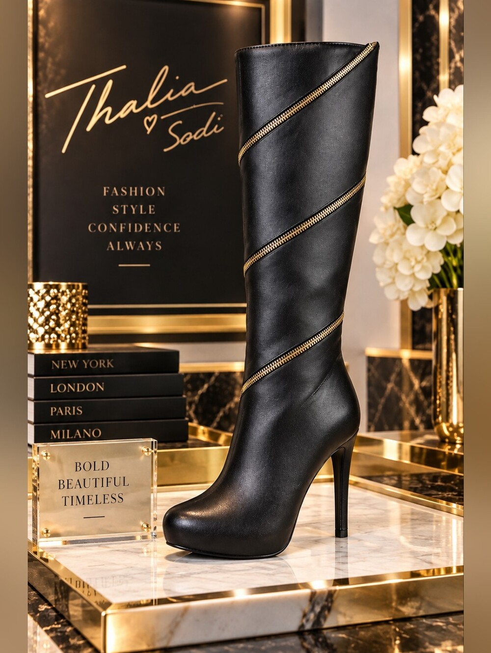 Thalia Sodi Valdiva Black & Gold Knee-High Stiletto Boots – Women’s 8.5M – NIB